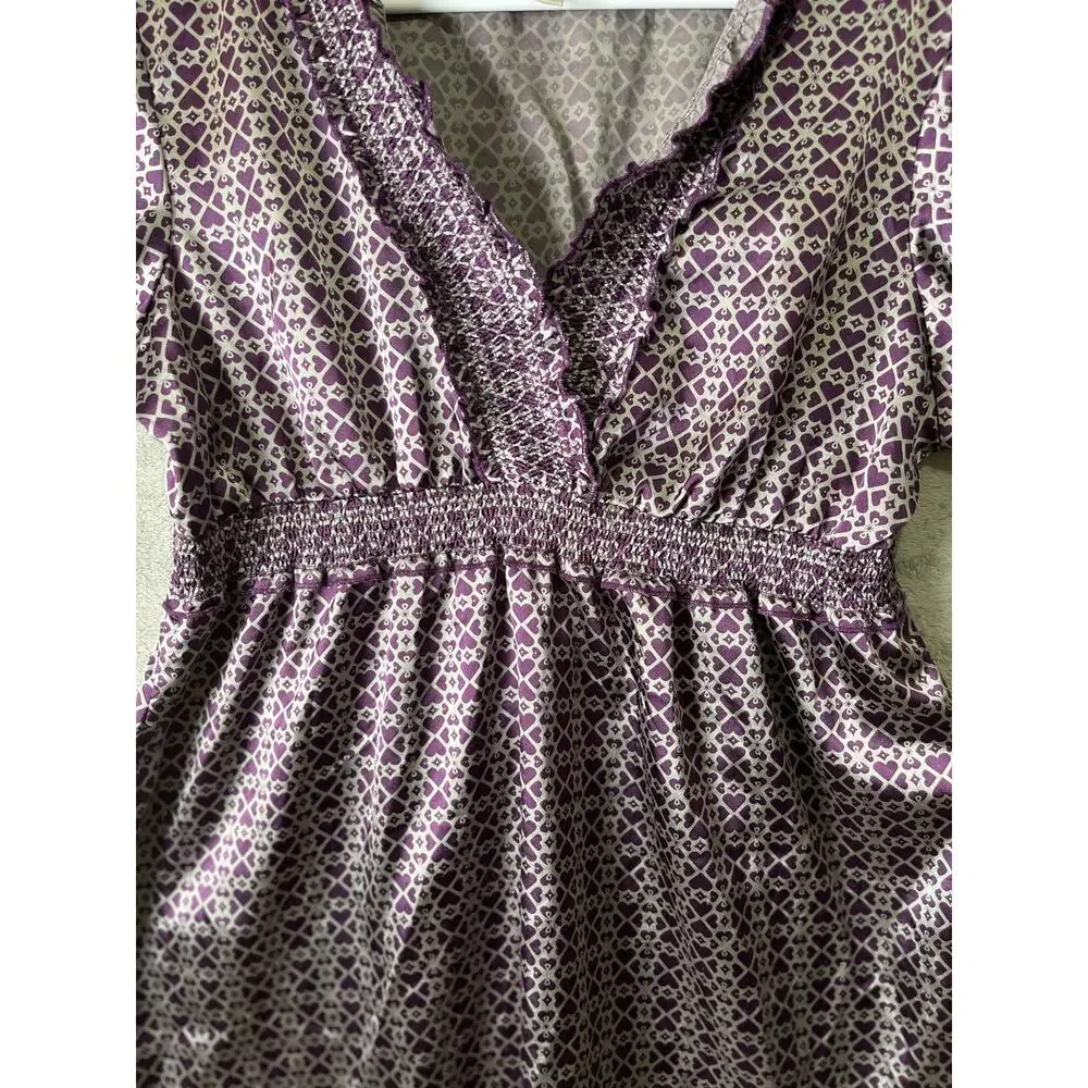 Vintage Y2K Purple Geometric Print Babydoll Top Smocked Waist Ruffle Trim Boho L - Picture 2 of 8